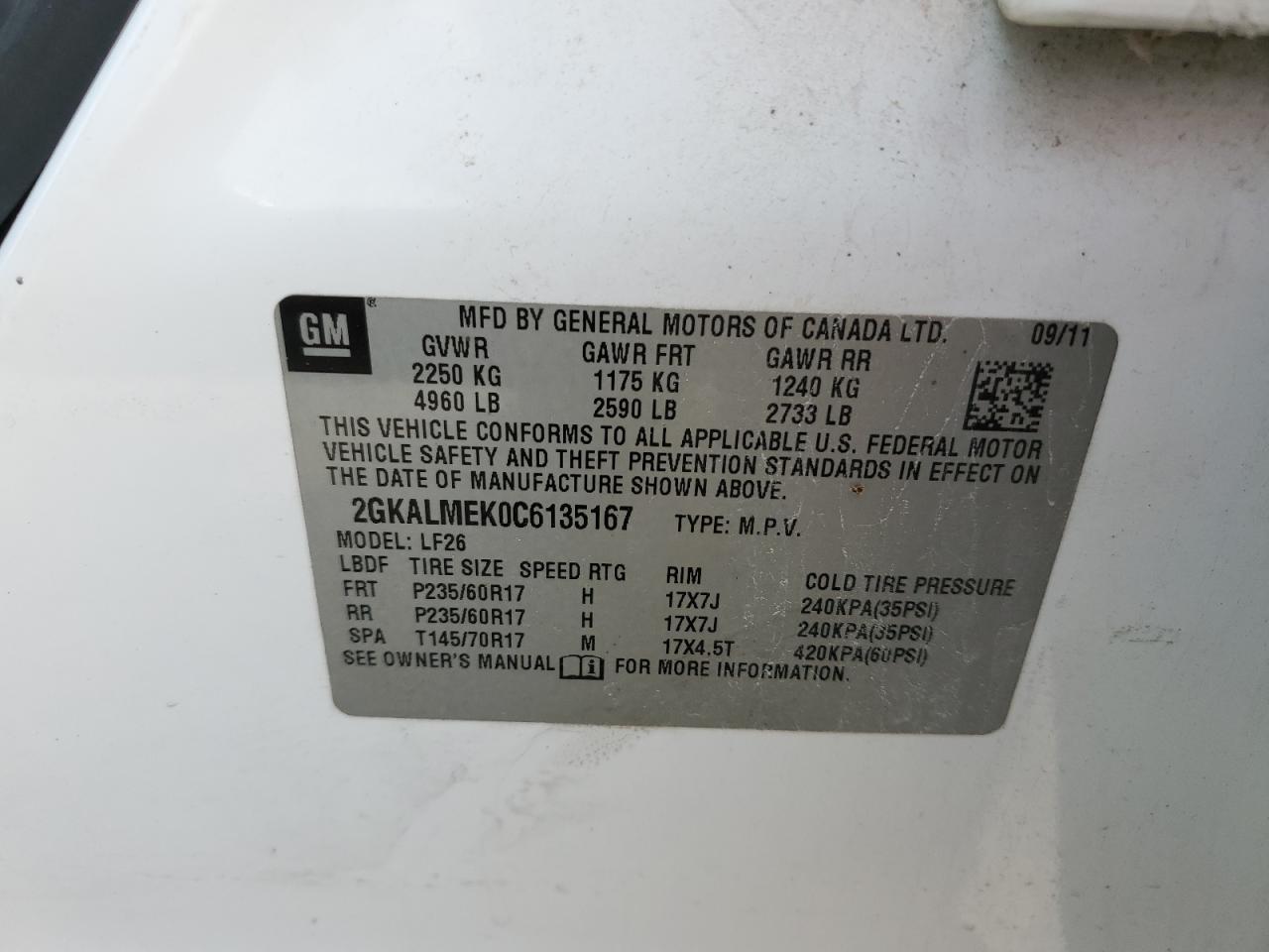 2012 GMC Terrain Sle VIN: 2GKALMEK0C6135167 Lot: 92796765