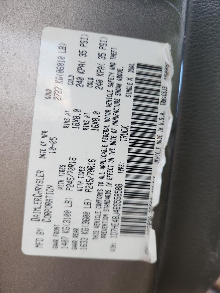 2006 Dodge Dakota Quad Slt VIN: 1D7HE48J46S558588 Lot: 92154795