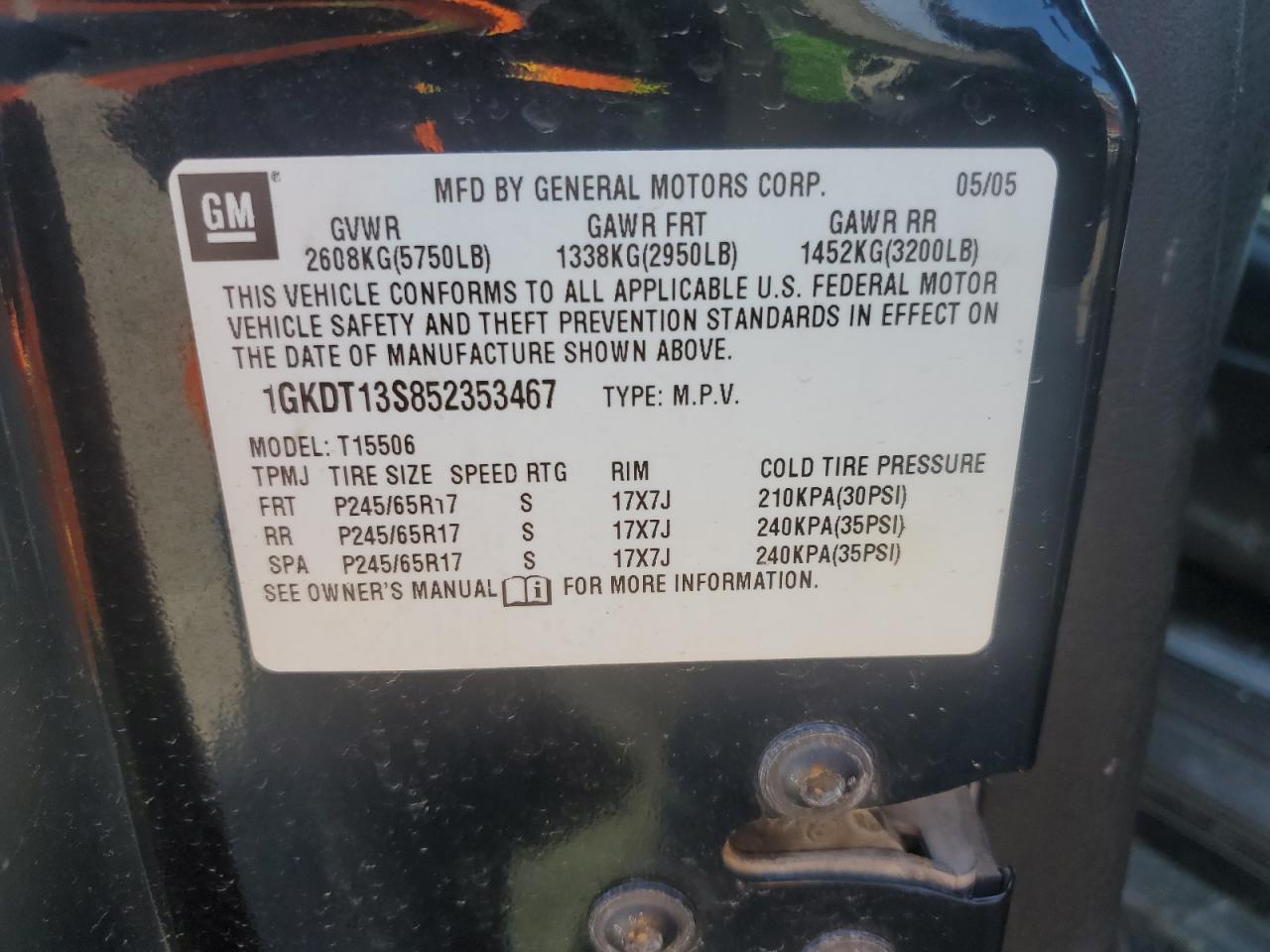 2005 GMC Envoy VIN: 1GKDT13S852353467 Lot: 92055375