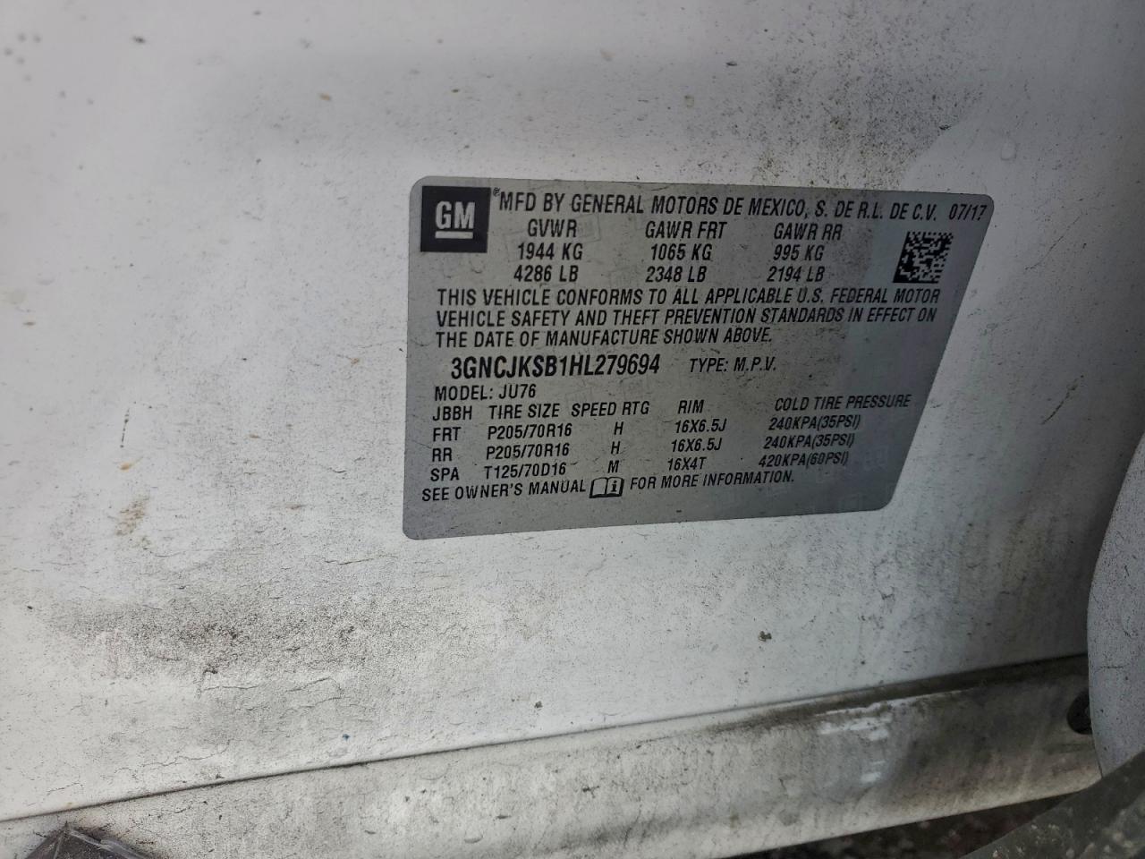 2017 Chevrolet Trax Ls VIN: 3GNCJKSB1HL279694 Lot: 94417305