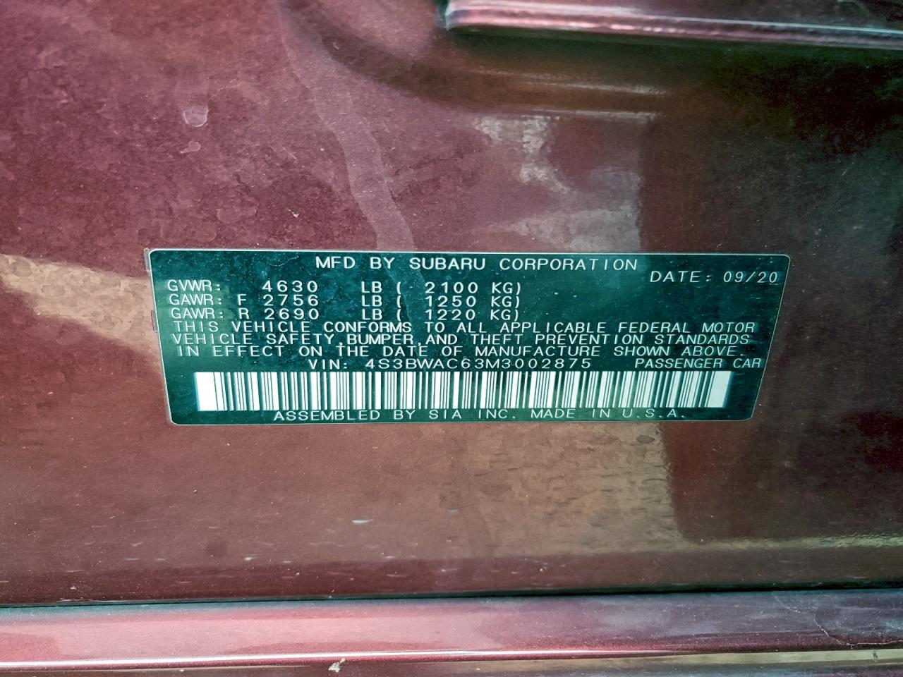 2021 Subaru Legacy Premium VIN: 4S3BWAC63M3002875 Lot: 94188615