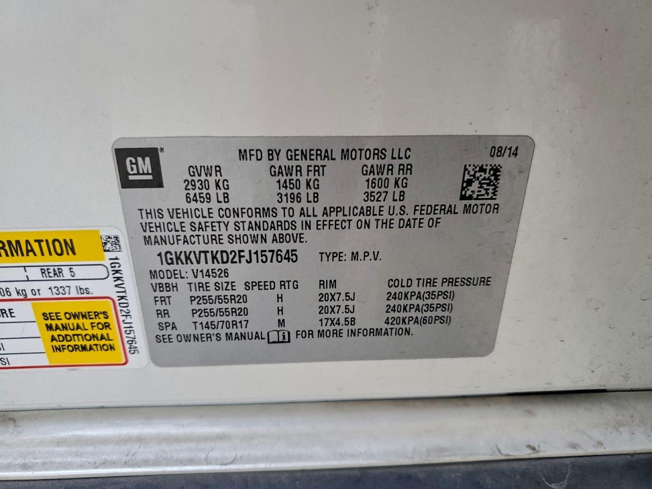 2015 GMC Acadia Denali VIN: 1GKKVTKD2FJ157645 Lot: 93830555