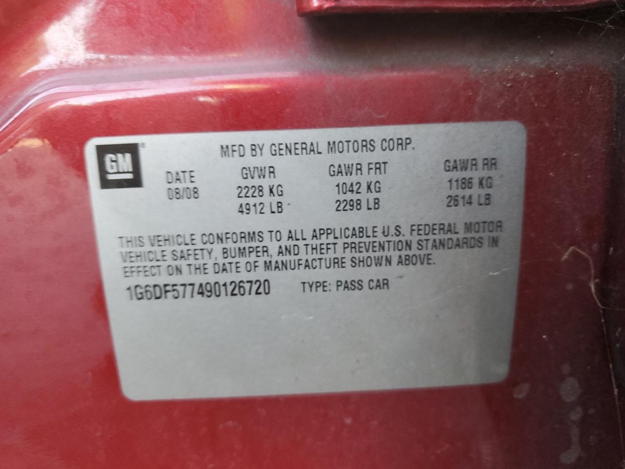 2009 Cadillac Cts VIN: 1G6DF577490126720 Lot: 92268365