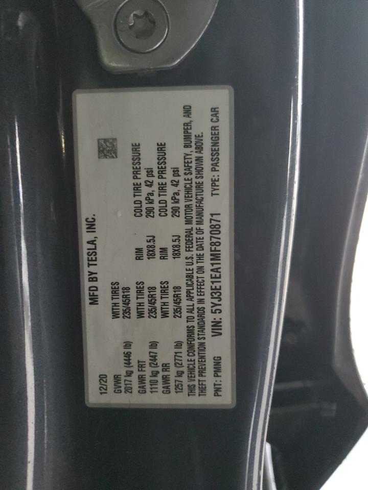 2021 Tesla Model 3 VIN: 5YJ3E1EA1MF870871 Lot: 93982575