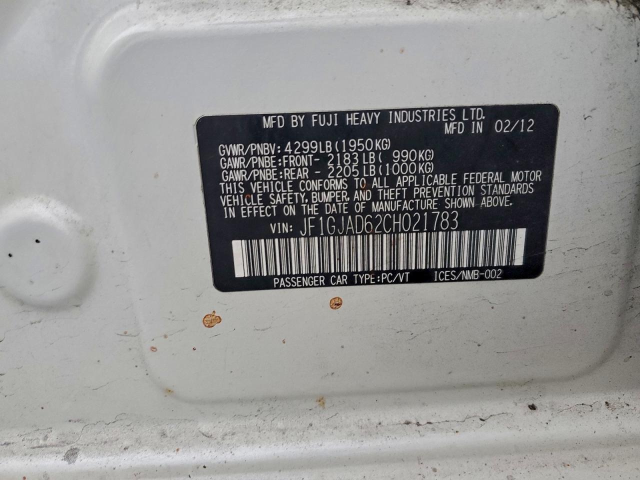 2012 Subaru Impreza Premium VIN: JF1GJAD62CH021783 Lot: 94161245