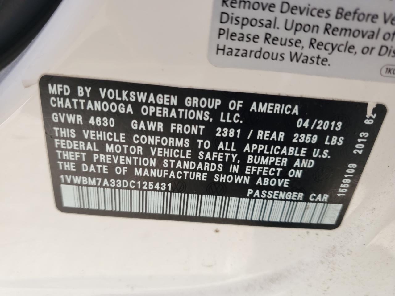 2013 Volkswagen Passat Se VIN: 1VWBM7A33DC125431 Lot: 92379705