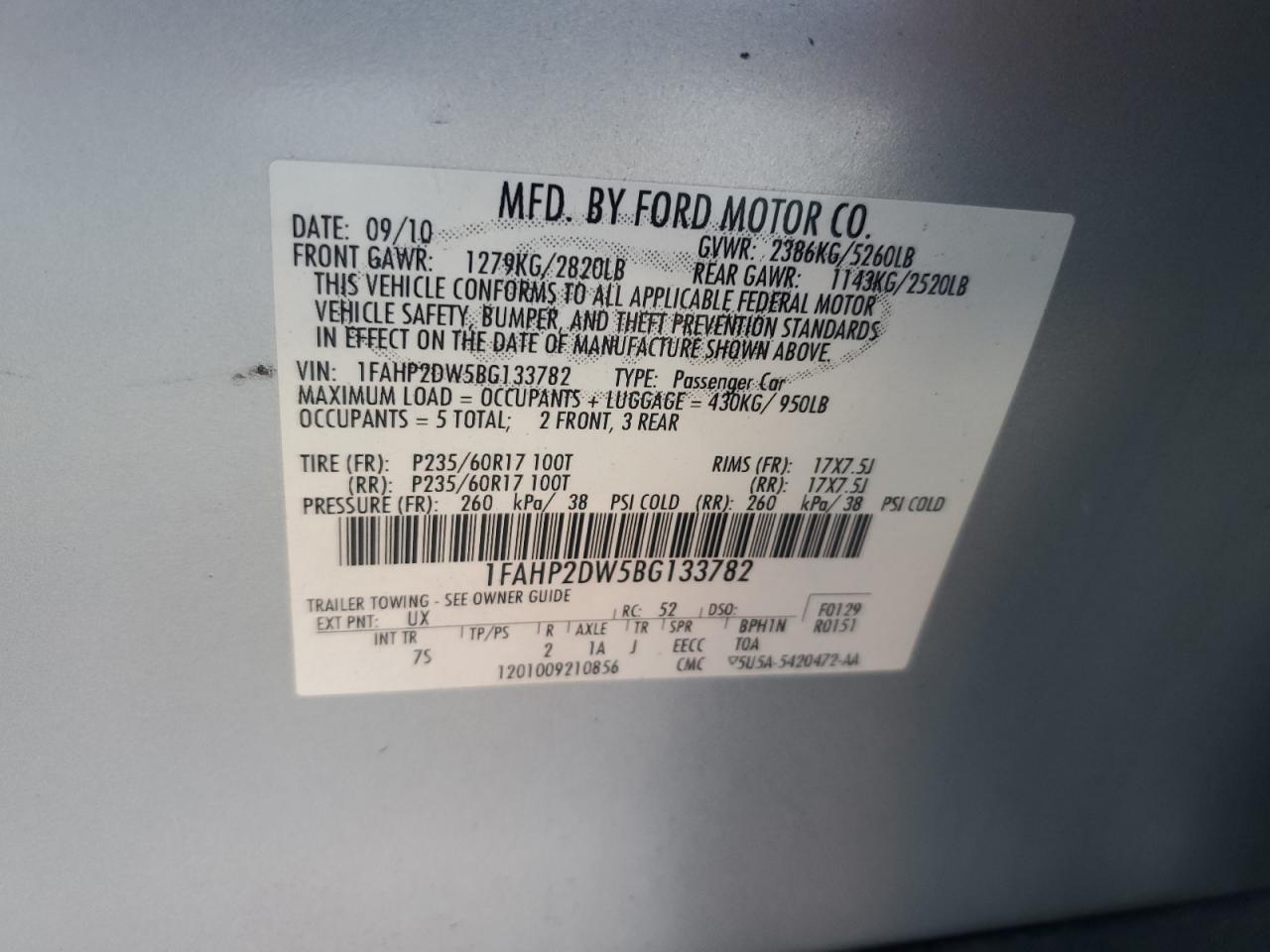 2011 Ford Taurus Se VIN: 1FAHP2DW5BG133782 Lot: 90118185