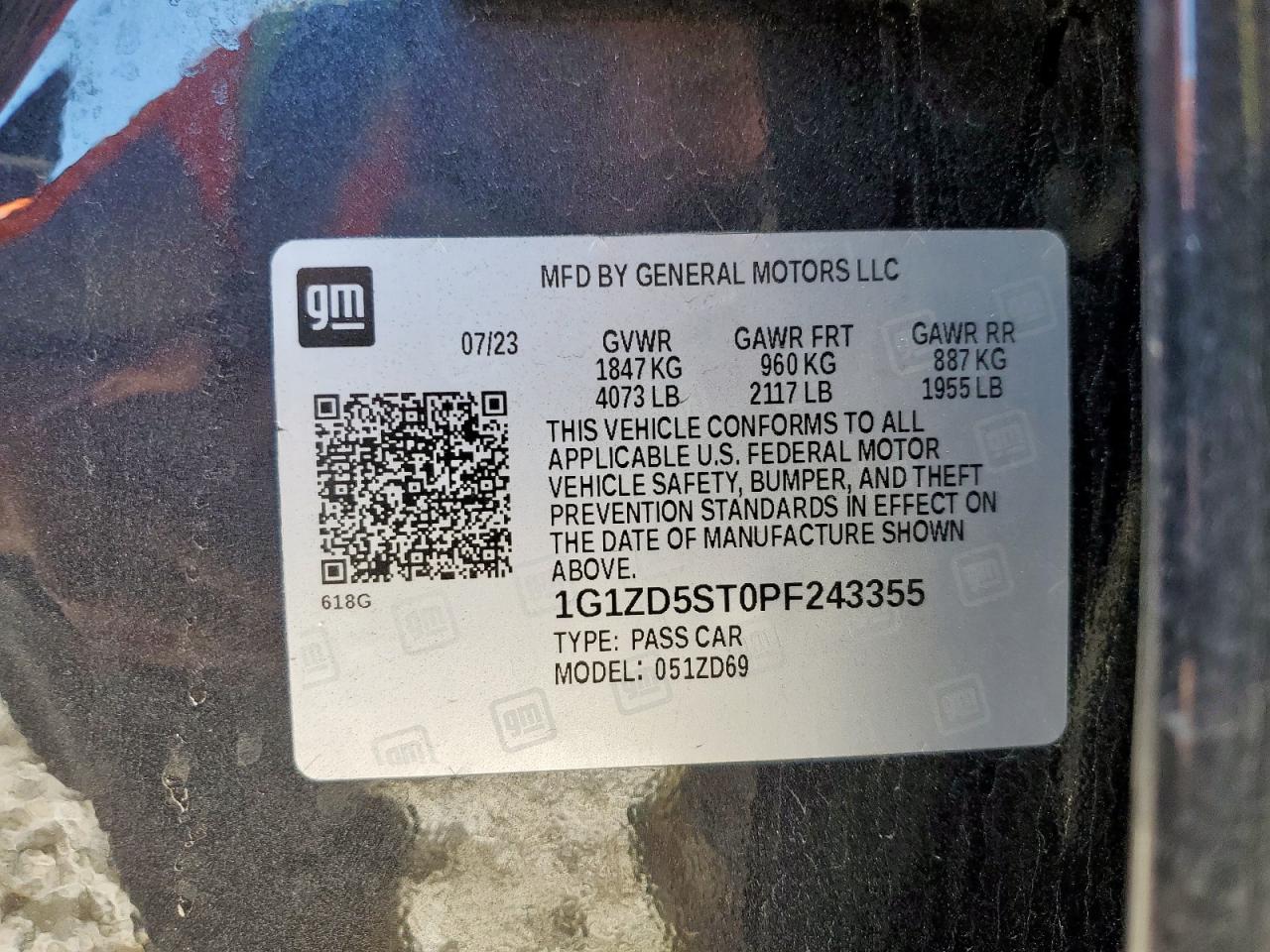 2023 Chevrolet Malibu Lt VIN: 1G1ZD5ST0PF243355 Lot: 91306225