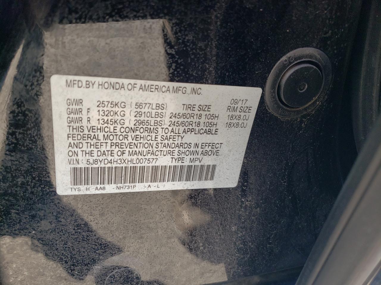 2017 Acura Mdx VIN: 5J8YD4H3XHL007577 Lot: 92287695