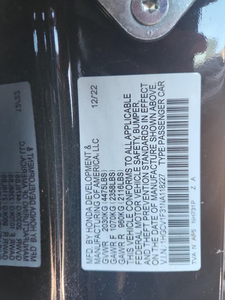 2022 Honda Accord Sport VIN: 1HGCV1F31NA118227 Lot: 85435095