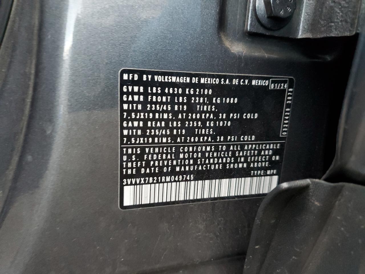 2024 Volkswagen Taos Se VIN: 3VVVX7B21RM049745 Lot: 93050935