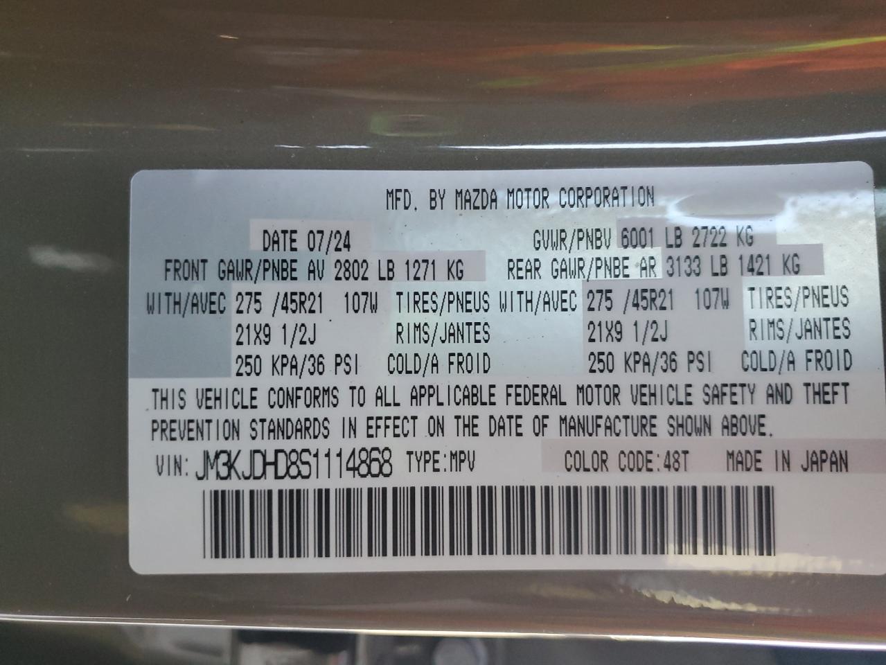 2025 Mazda Cx-70 Premium VIN: JM3KJDHD8S1114868 Lot: 91919325