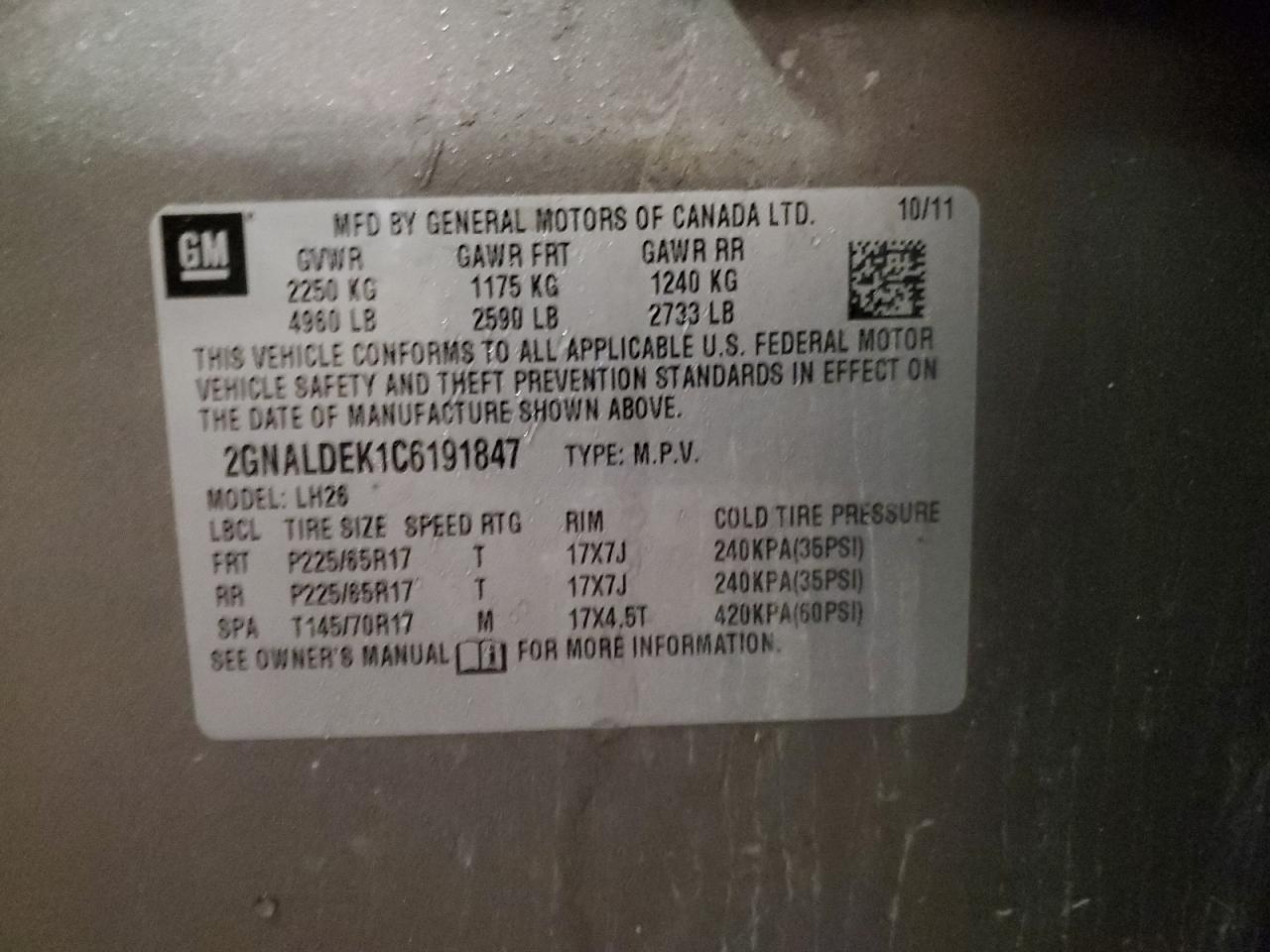 2012 Chevrolet Equinox Lt VIN: 2GNALDEK1C6191847 Lot: 92404595