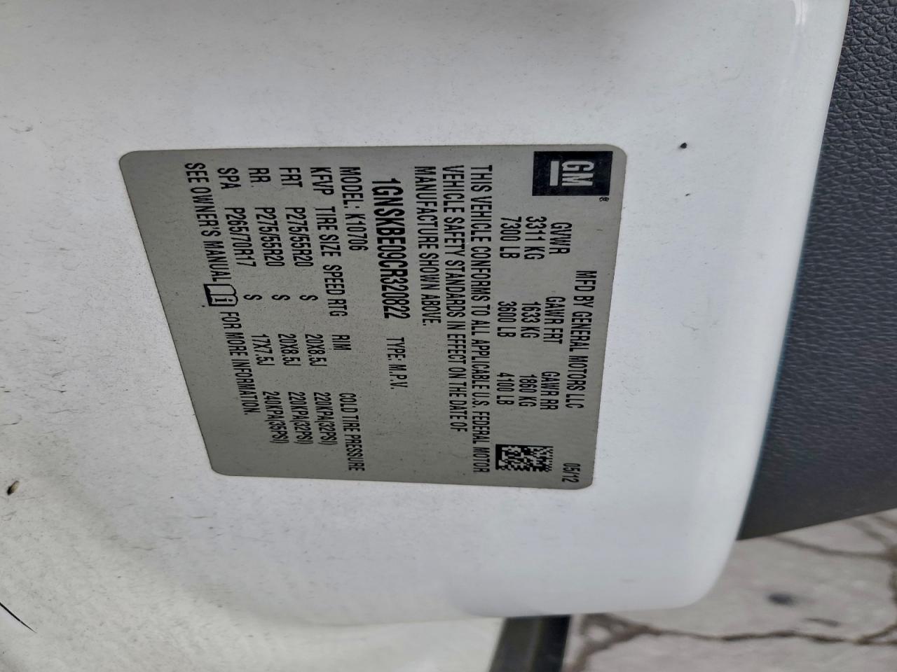 2012 Chevrolet Tahoe K1500 Lt VIN: 1GNSKBE09CR320822 Lot: 94372515