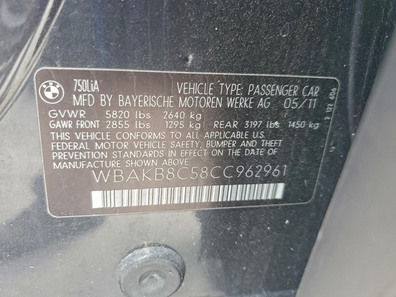 2012 BMW 750 Li VIN: WBAKB8C58CC962961 Lot: 93193145