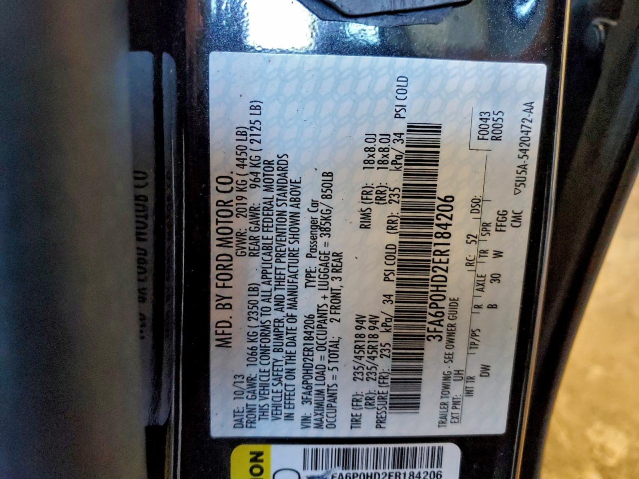 2014 Ford Fusion Se VIN: 3FA6P0HD2ER184206 Lot: 93979545