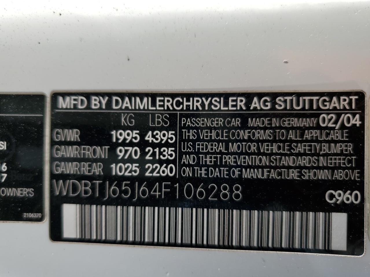 2004 Mercedes-Benz Clk 320C VIN: WDBTJ65J64F106288 Lot: 91563175