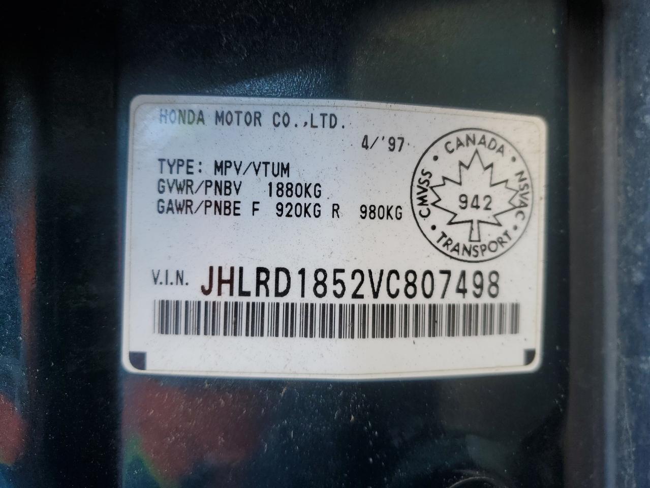 1997 Honda Cr-V Lx VIN: JHLRD1852VC807498 Lot: 91097555
