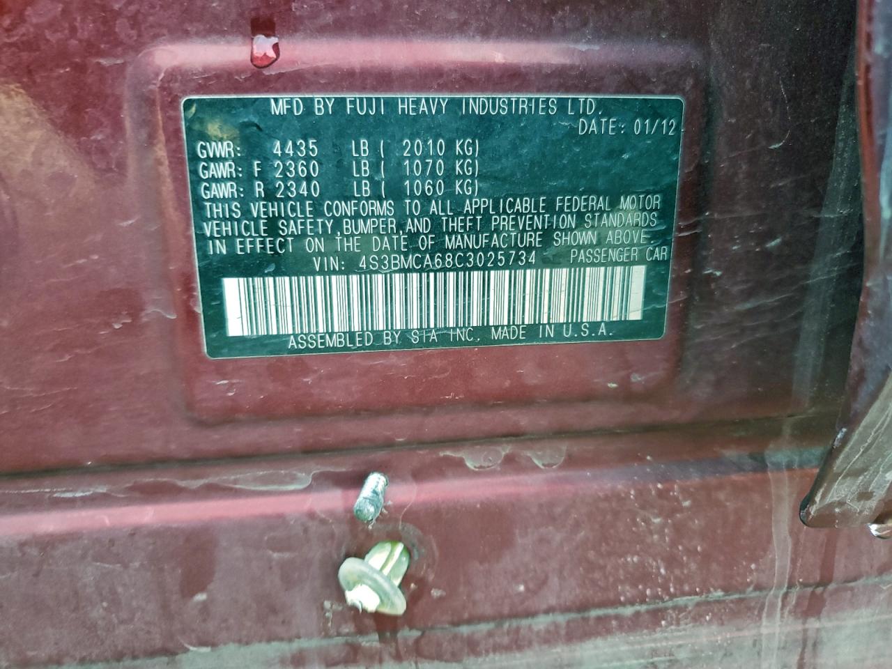 2012 Subaru Legacy 2.5I VIN: 4S3BMCA68C3025734 Lot: 94133695