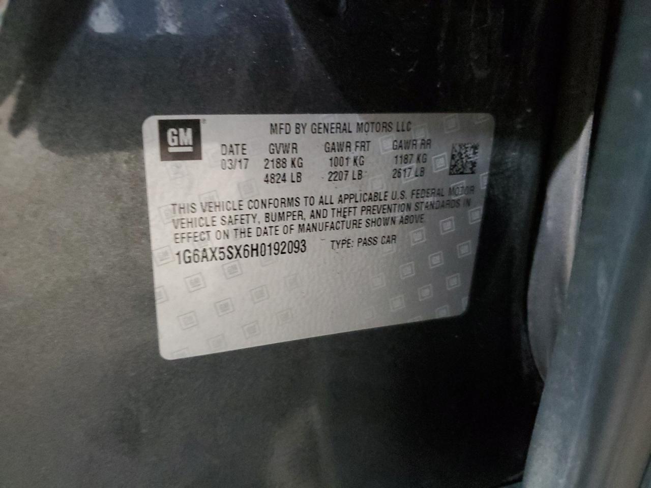 2017 Cadillac Cts Luxury VIN: 1G6AX5SX6H0192093 Lot: 93418795