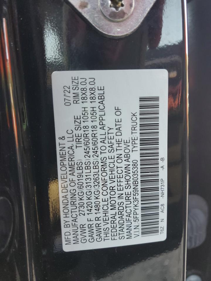 2022 Honda Ridgeline Rtl VIN: 5FPYK3F59NB035380 Lot: 92370455