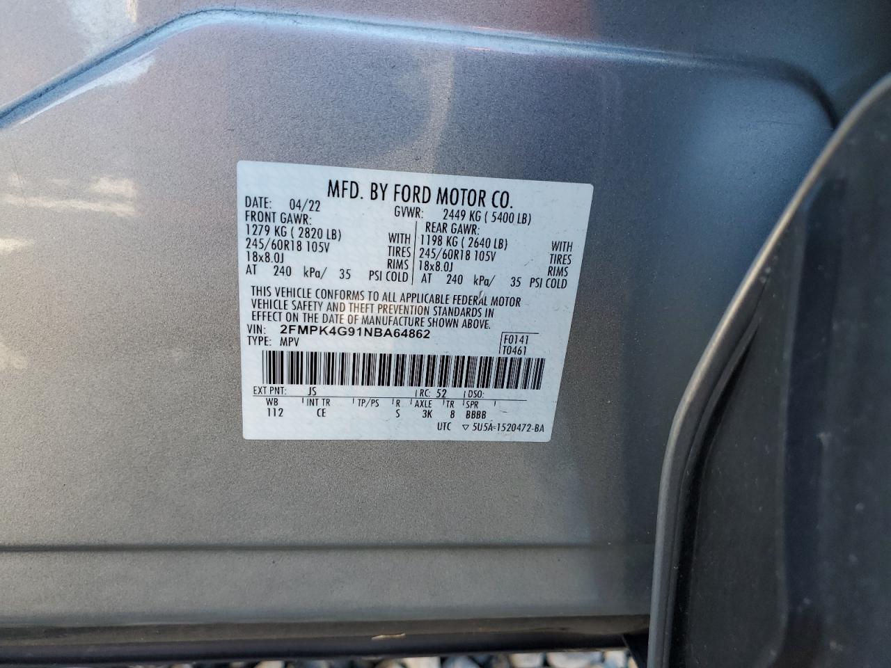 2022 Ford Edge Se VIN: 2FMPK4G91NBA64862 Lot: 93504775