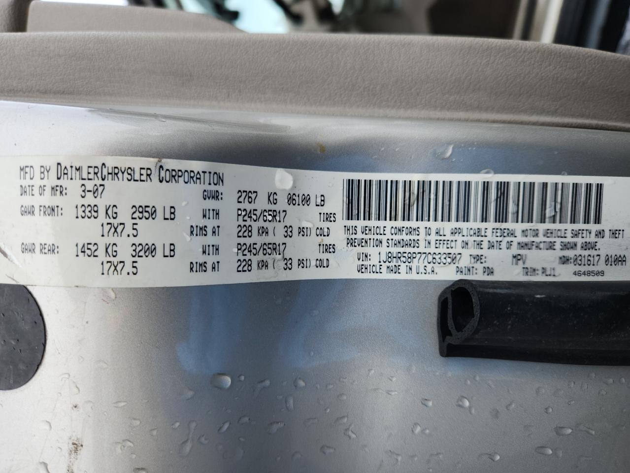 2007 Jeep Grand Cherokee Limited VIN: 1J8HR58P77C633507 Lot: 93310285