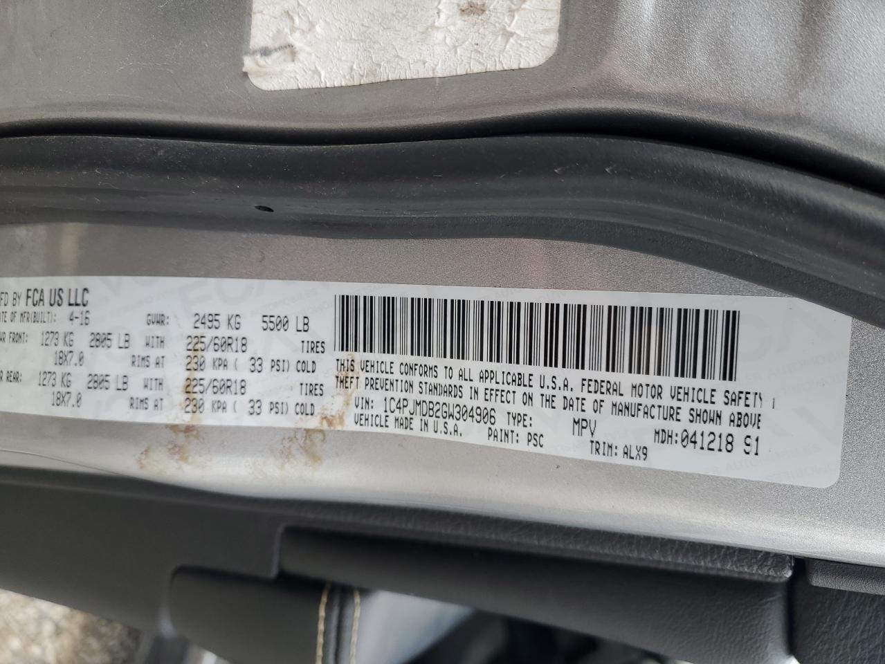 2016 Jeep Cherokee Limited VIN: 1C4PJMDB2GW304906 Lot: 91965725