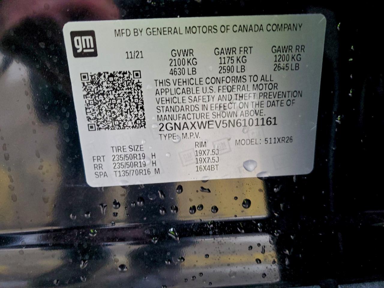 2022 Chevrolet Equinox Rs VIN: 2GNAXWEV5N6101161 Lot: 93423675