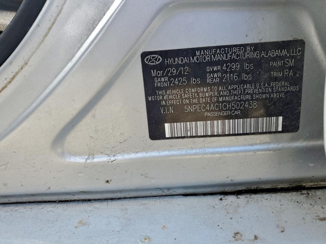 2012 Hyundai Sonata Se VIN: 5NPEC4AC1CH502438 Lot: 94314265