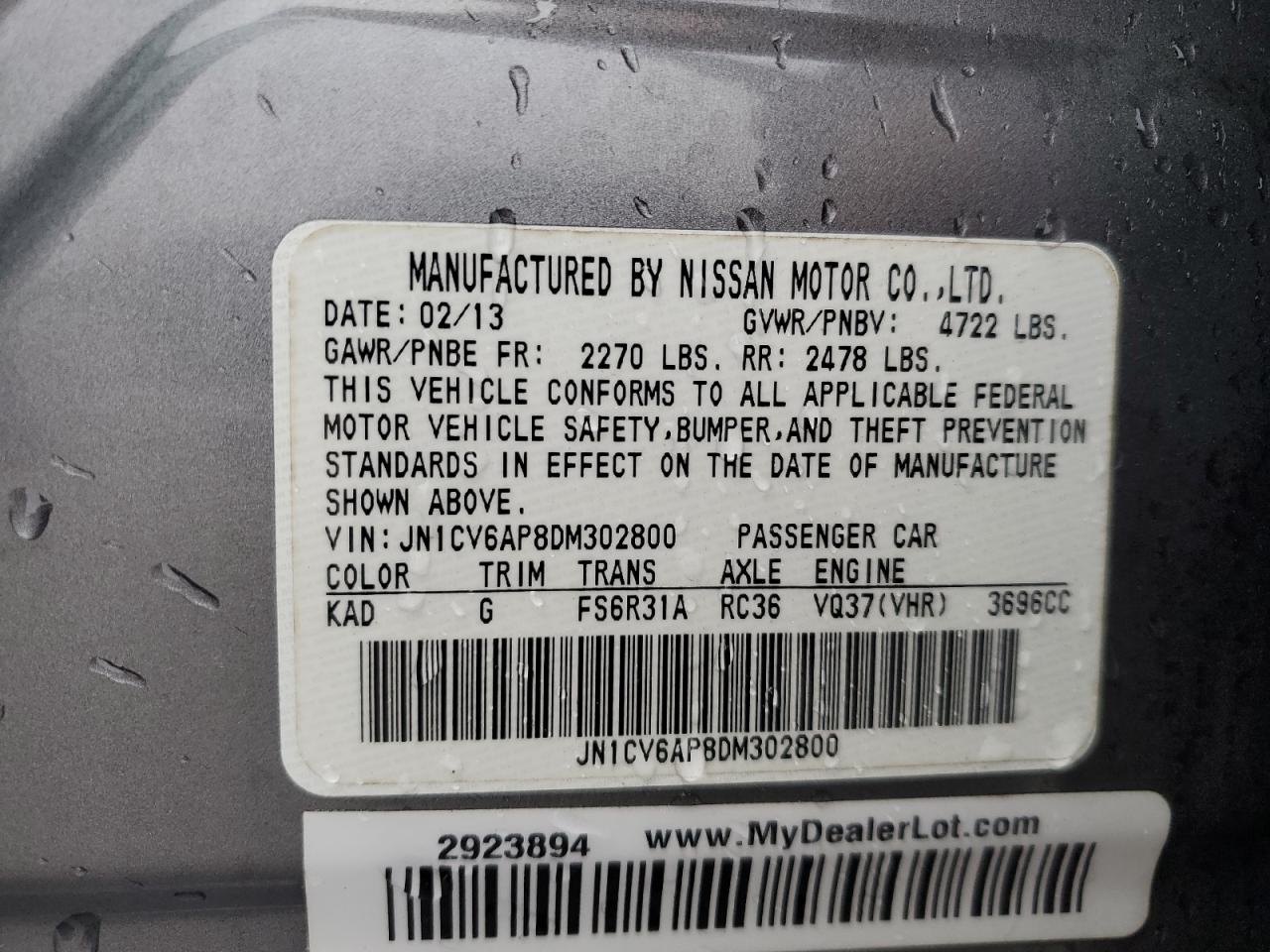 2013 Infiniti G37 Base VIN: JN1CV6AP8DM302800 Lot: 91103795