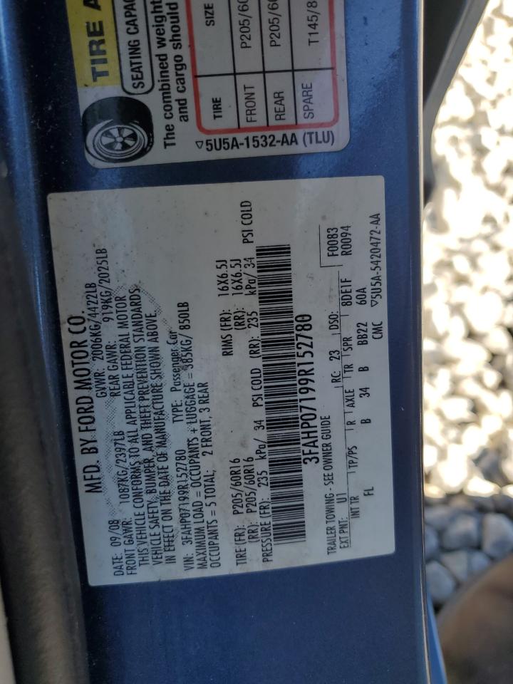 2009 Ford Fusion Se VIN: 3FAHP07199R152780 Lot: 91377755