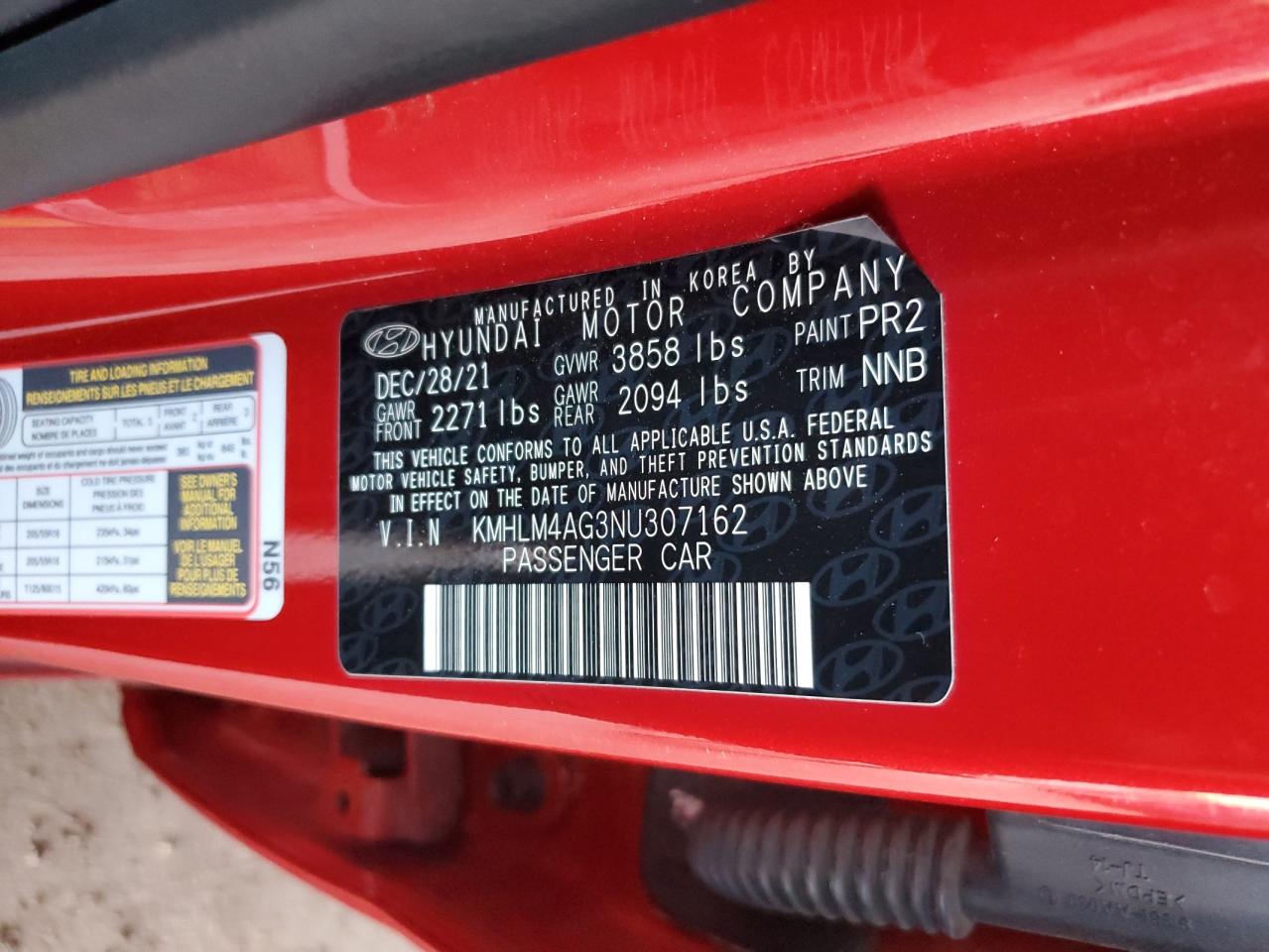 2022 Hyundai Elantra Sel VIN: KMHLM4AG3NU307162 Lot: 93212455