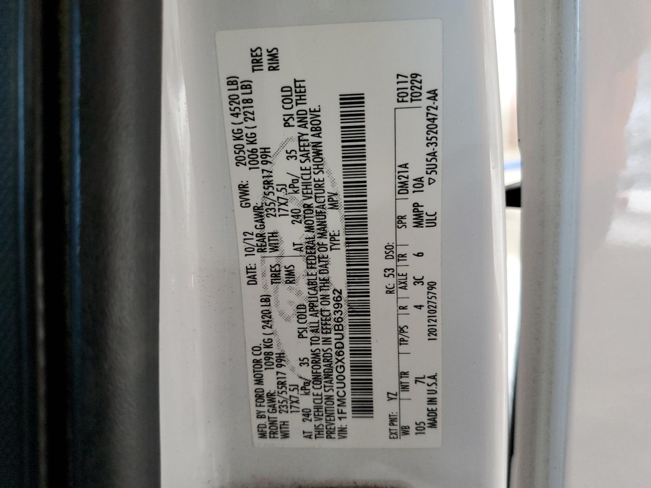 2013 Ford Escape Se VIN: 1FMCU0GX6DUB63962 Lot: 92044335