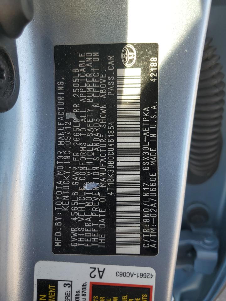 2012 Toyota Avalon Base VIN: 4T1BK3DB0CU461854 Lot: 91611835