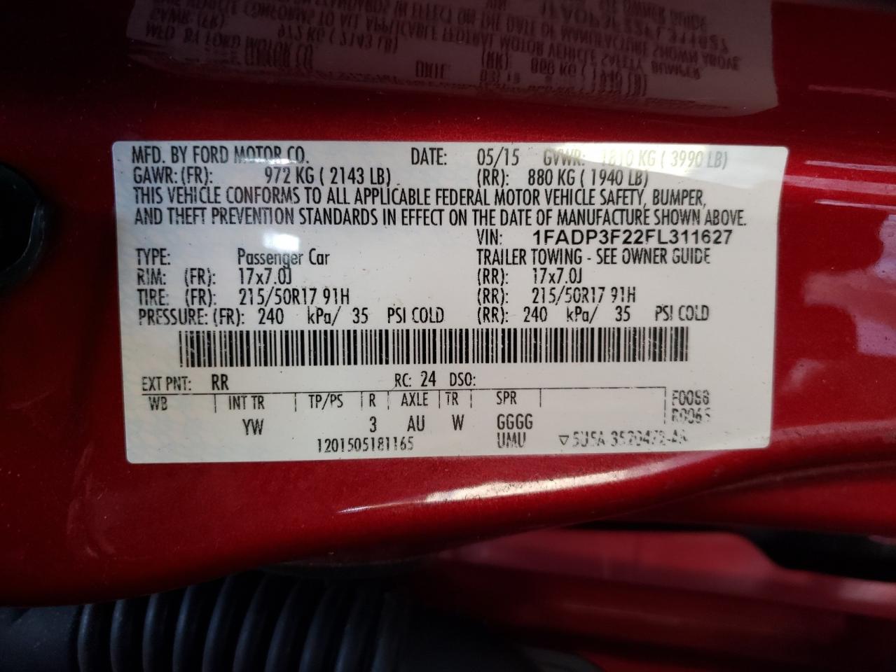 2015 Ford Focus Se VIN: 1FADP3F22FL311627 Lot: 93532225