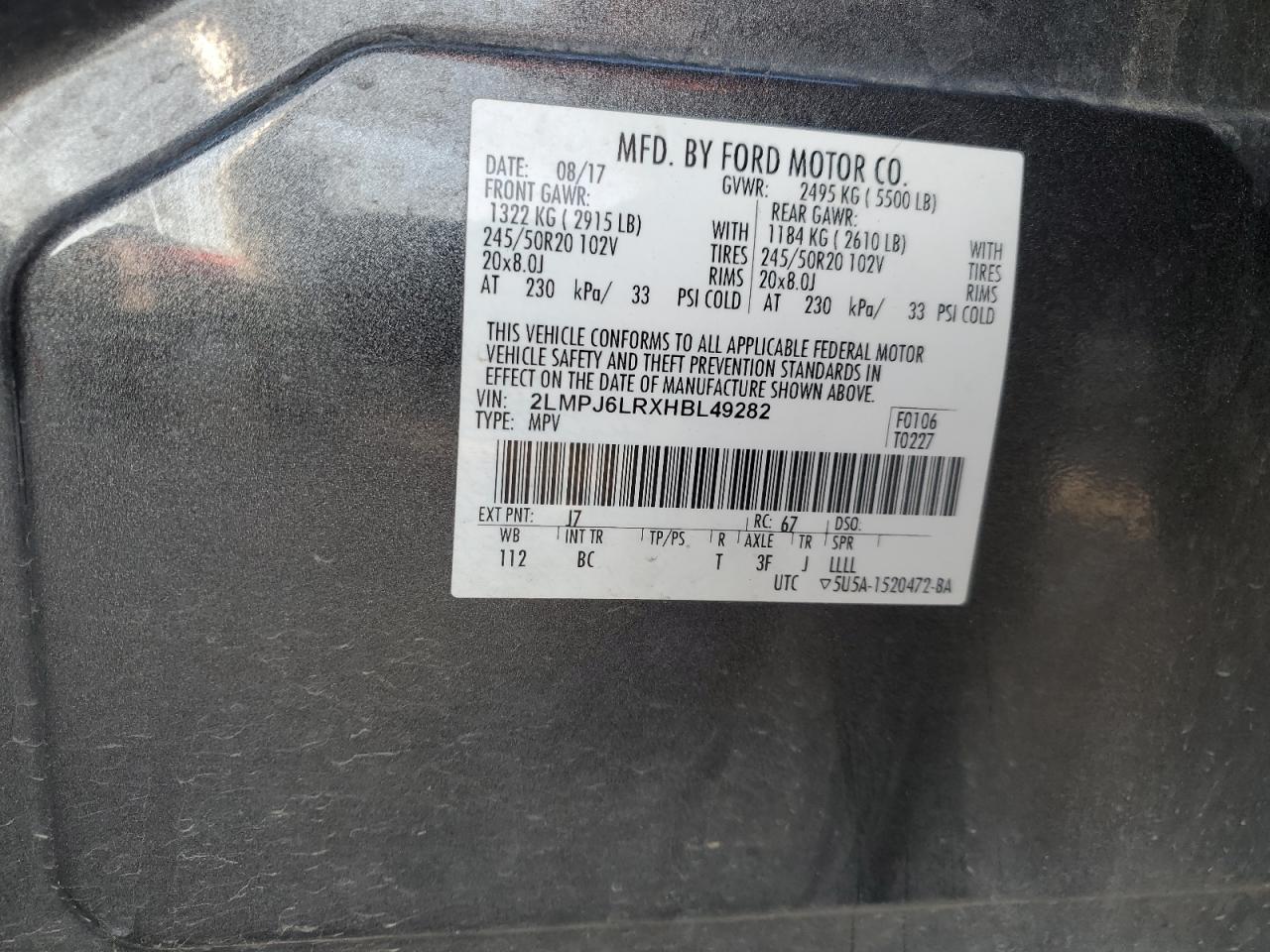 2017 Lincoln Mkx Reserve VIN: 2LMPJ6LRXHBL49282 Lot: 93307475