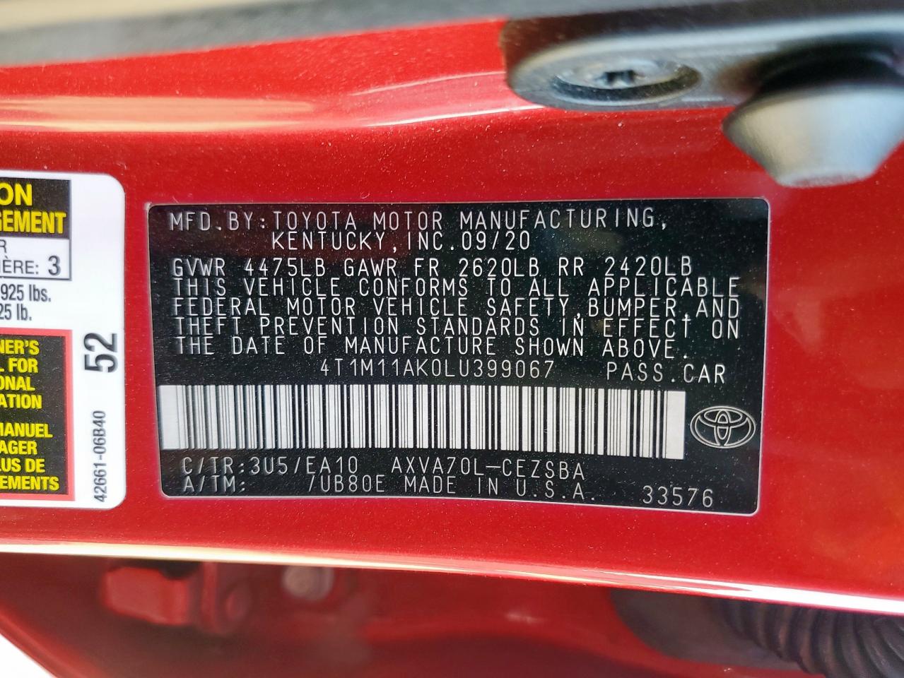 2020 Toyota Camry Se VIN: 4T1M11AK0LU399067 Lot: 92061235