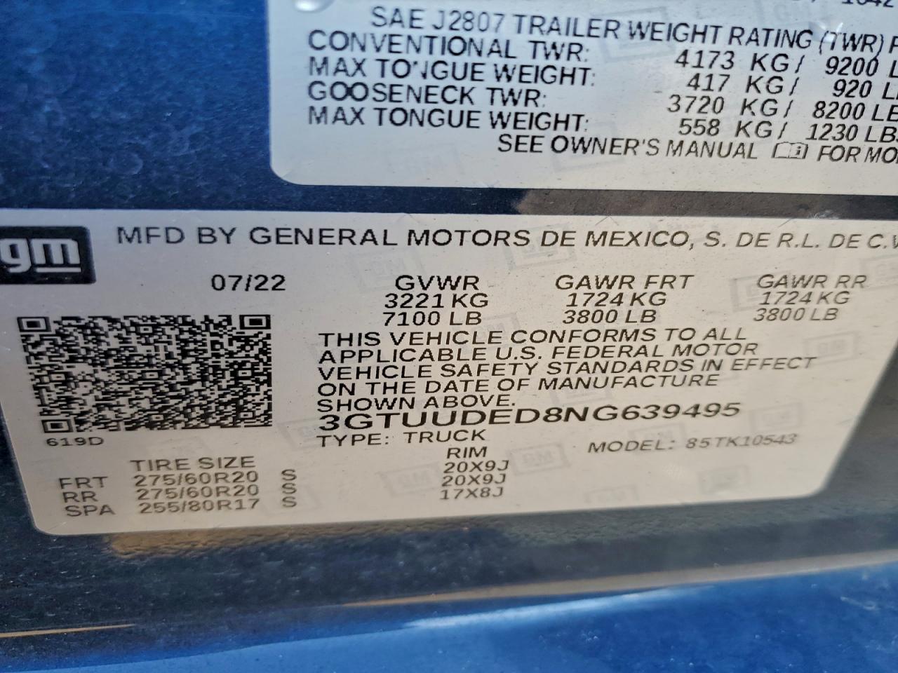 2022 GMC Sierra K1500 Slt VIN: 3GTUUDED8NG639495 Lot: 93722585