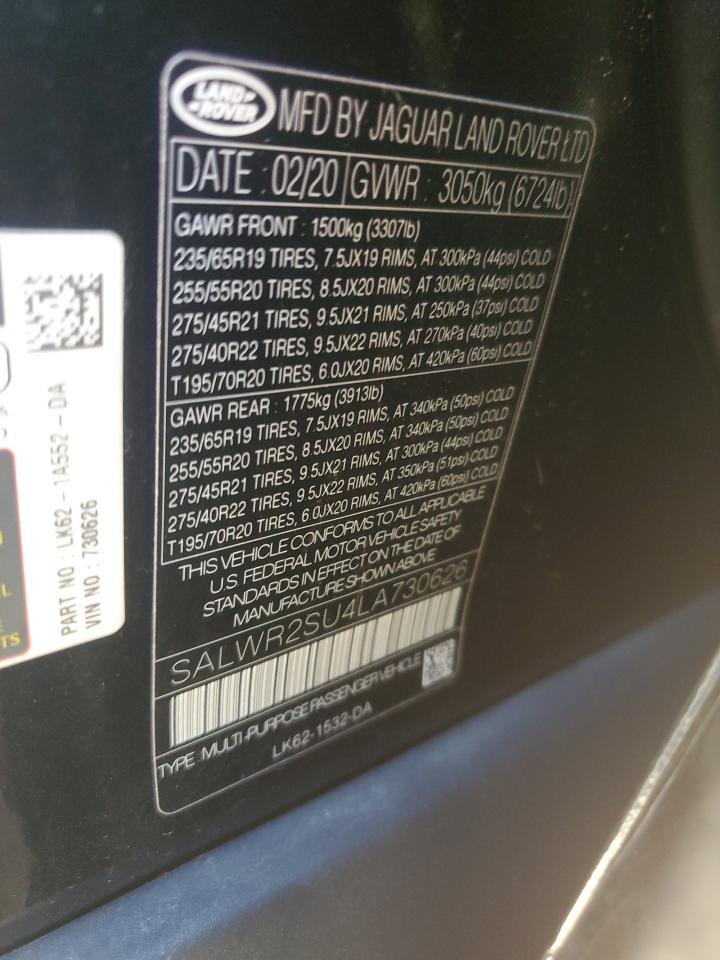 2020 Land Rover Range Rover Sport Hse VIN: SALWR2SU4LA730626 Lot: 92707315