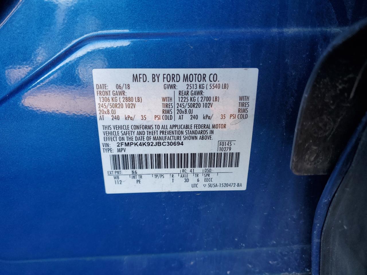 2018 Ford Edge Titanium VIN: 2FMPK4K92JBC30694 Lot: 92830025