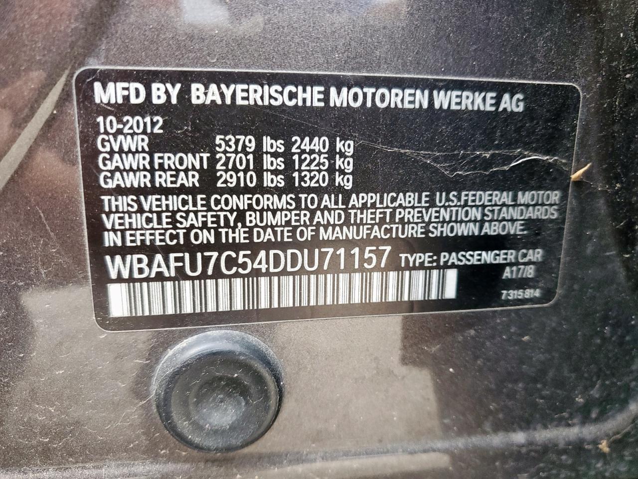 2013 BMW 535 Xi VIN: WBAFU7C54DDU71157 Lot: 93645125