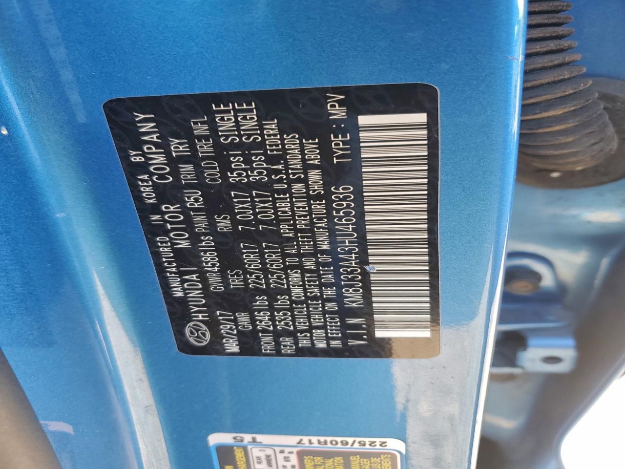 2017 Hyundai Tucson Limited VIN: KM8J33A43HU465936 Lot: 94103945