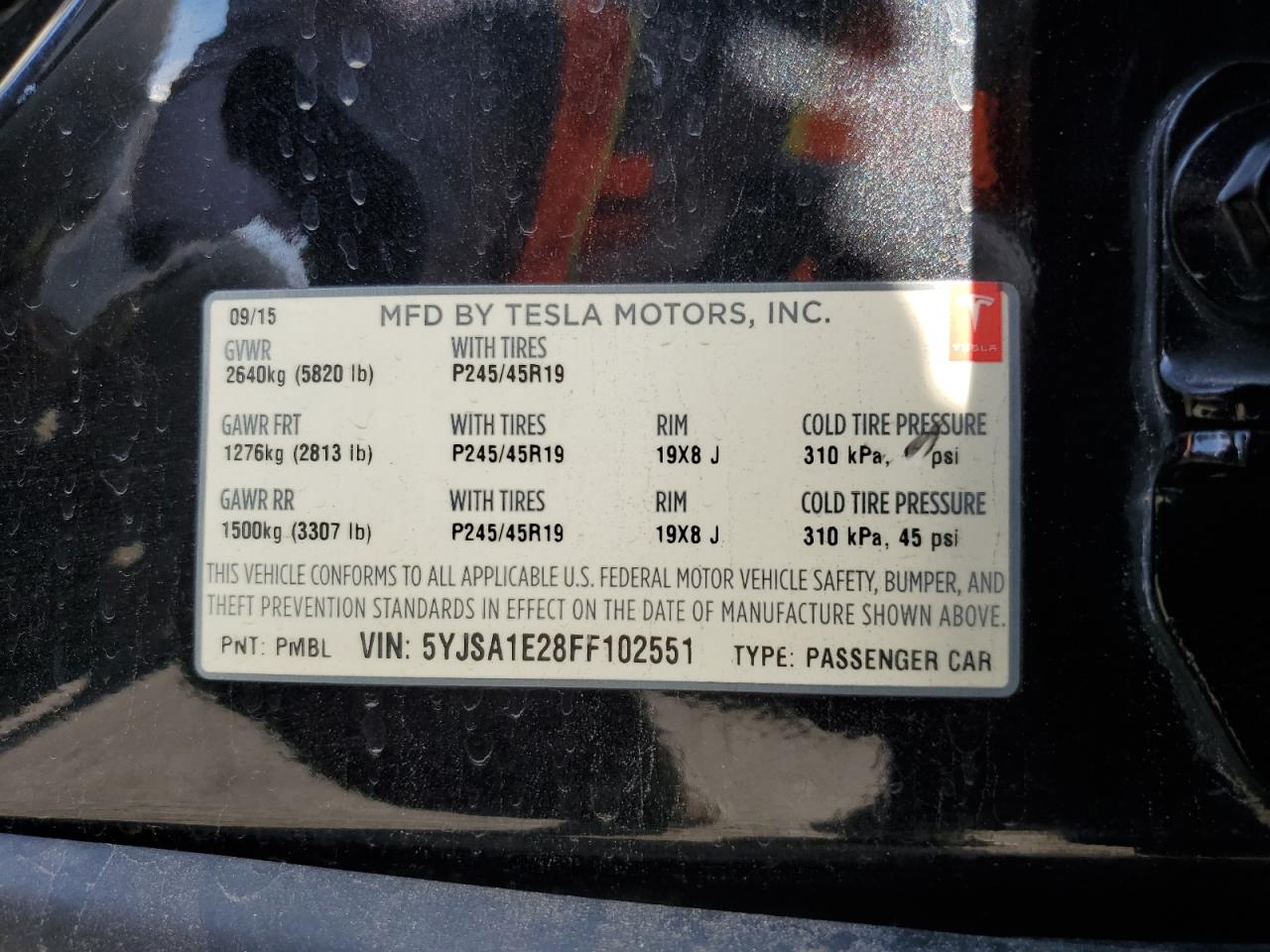 2015 Tesla Model S VIN: 5YJSA1E28FF102551 Lot: 91614895