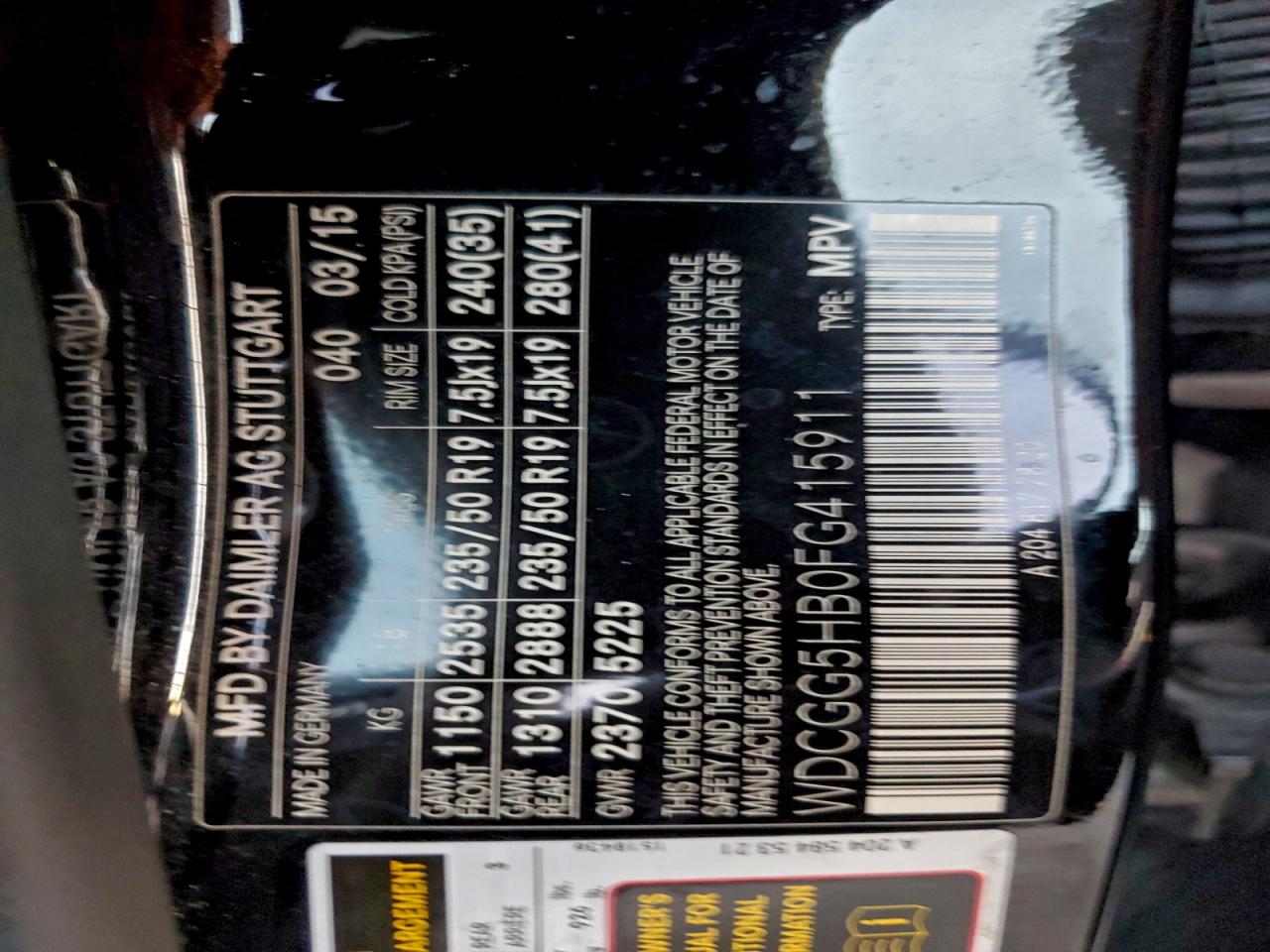 2015 Mercedes-Benz Glk 350 VIN: WDCGG5HB0FG415911 Lot: 92740265