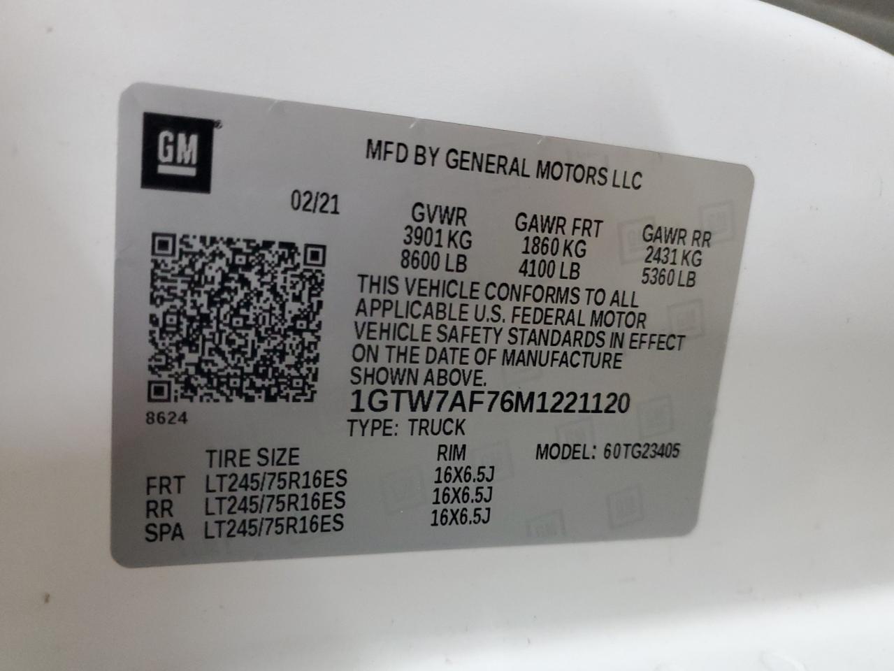 2021 GMC Savana G25 Delivery Van VIN: 1GTW7AF76M1221120 Lot: 92938465