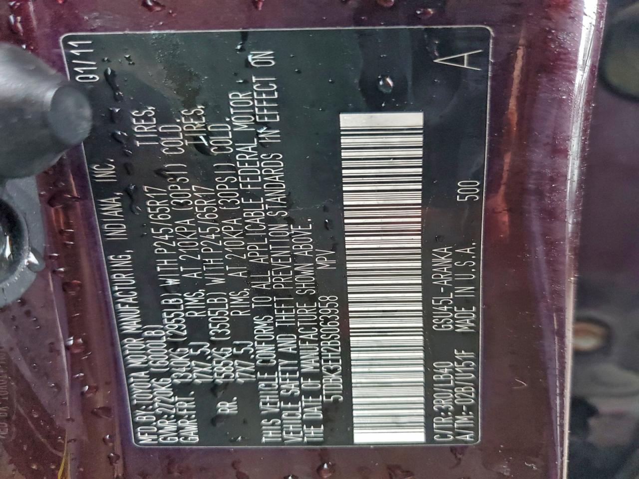 2011 Toyota Highlander Base VIN: 5TDBK3EH2BS063958 Lot: 93853145