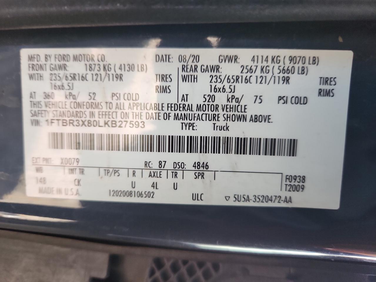 2020 Ford Transit 250 Delivery Van VIN: 1FTBR3X80LKB27593 Lot: 87413635