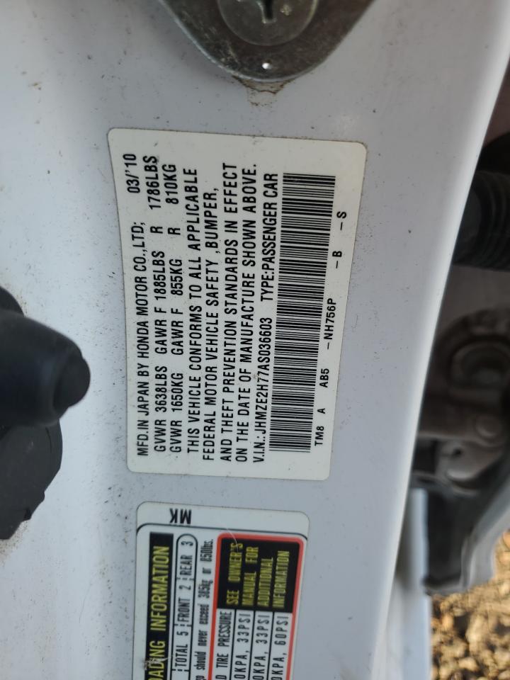 2010 Honda Insight Ex VIN: JHMZE2H77AS036603 Lot: 90609685