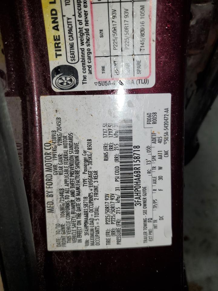 2011 Ford Fusion Se VIN: 3FAHP0HA6BR158718 Lot: 91107685